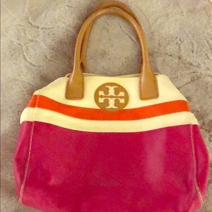 Tory Burch pink, orange canvas handbag